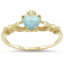 Load image into Gallery viewer, Sterling Silver Yellow Gold Plated Natural Larimar Claddagh Ring