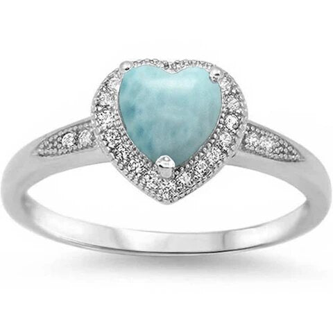 Sterling Silver Halo Heart Natural Larimar Promise Solitaire Ring