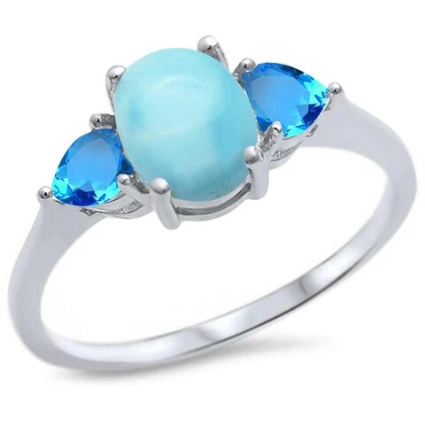 Sterling Silver Oval Natural Larimar And Heart Blue Topaz Ring