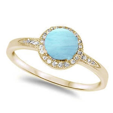 Sterling Silver Yellow Gold Plated Halo Natural Larimar And Cubic Zirconia Ring