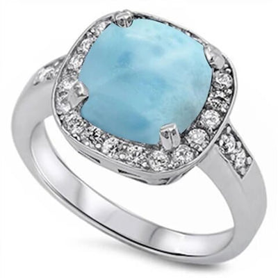 Sterling Silver Cushion Cut Natural Larimar Halo Ring