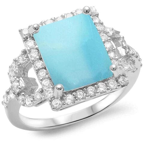 Sterling Silver Radiant Shape Natural Larimar And Sparkling Cubic Zirconia Ring