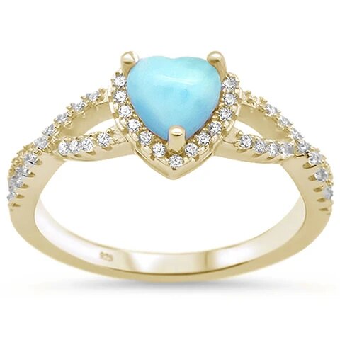 Sterling Silver Yellow Gold Plated Natural Larimar Heart With Cubic Zirconia Ring