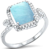 Sterling Silver Natural Larimar And Cubic Zirconia Radiant Cut Ring
