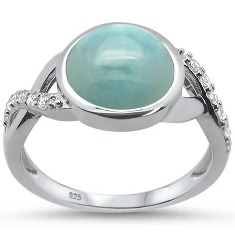 Sterling Silver Round Natural Larimar And Cubic Zirconia Ring
