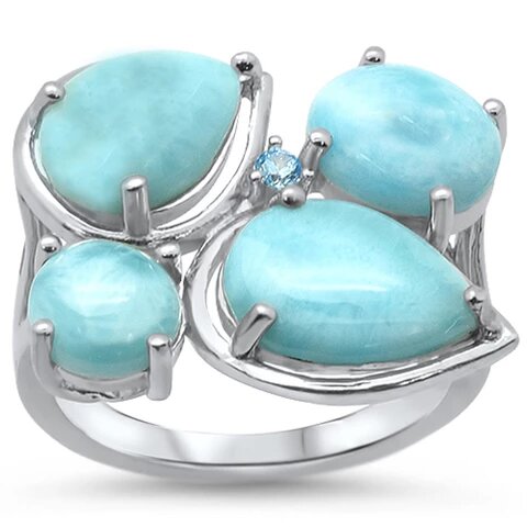 Sterling Silver Natural Larimar And Blue Topaz Cubic Zirconia Ring