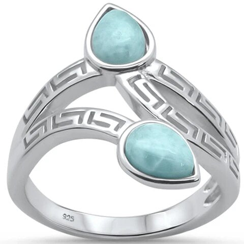 Sterling Silver Natural Larimar Greek Key Leaf Design Ring