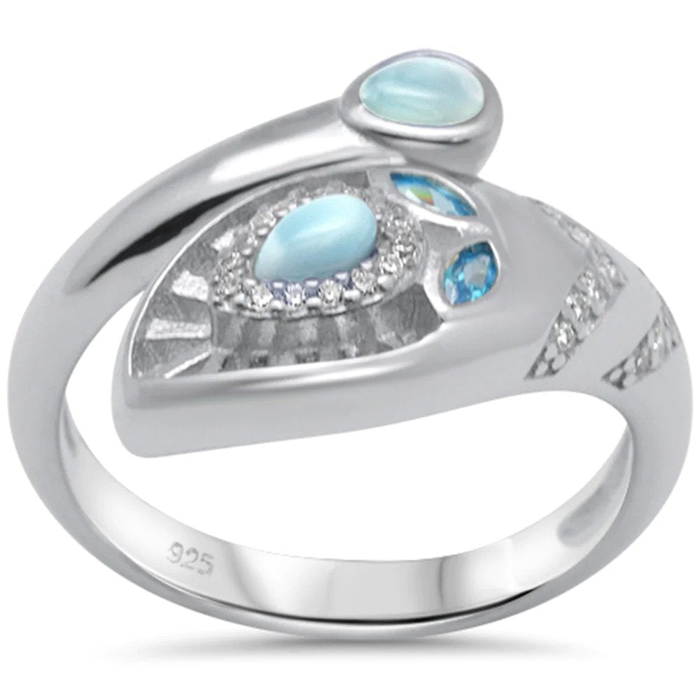 Sterling Silver Natural Larimar And Cubic Zirconia And Blue Topaz Ring