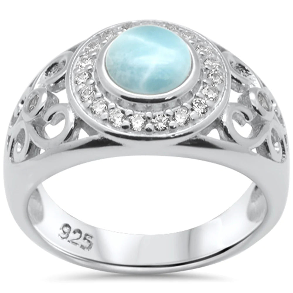 Sterling Silver Round Shaped Halo Filigree Natural Larimar And CZ Ring