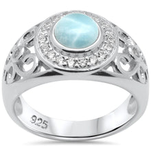 Load image into Gallery viewer, Sterling Silver Round Shaped Halo Filigree Natural Larimar And CZ Ring