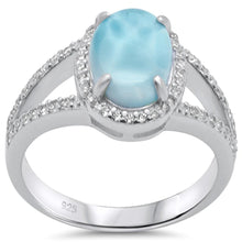 Load image into Gallery viewer, Sterling Silver Oval Natural Larimar And Cubic Zirconia Halo Ring