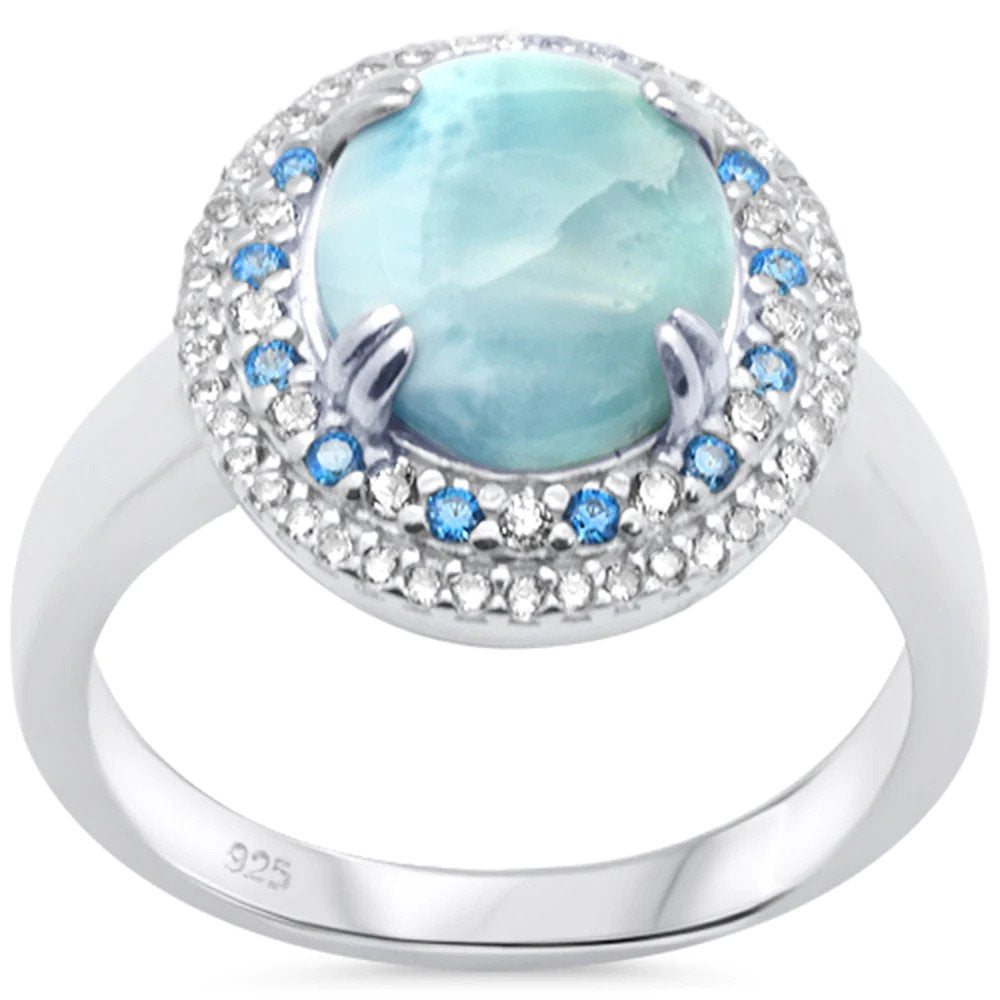 Sterling Silver Oval Natural Larimar Cubic Zirconia And Blue Topaz Double Halo Ring