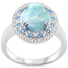 Load image into Gallery viewer, Sterling Silver Oval Natural Larimar Cubic Zirconia And Blue Topaz Double Halo Ring