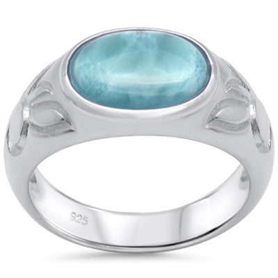 Sterling Silver Oval Natural Larimar Engraved Ring