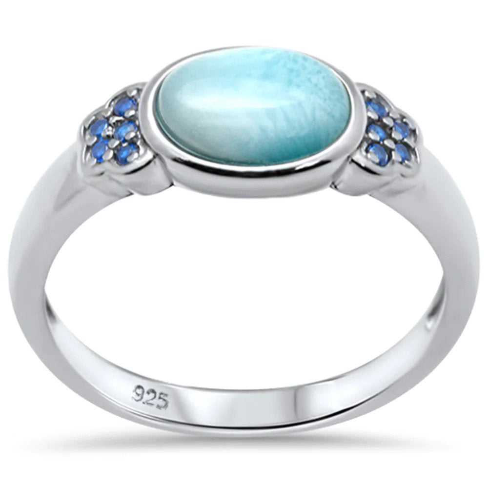Sterling Silver Natural Oval Larimar And Blue Sapphire Ring