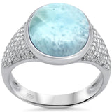 Sterling Silver Oval Natural Larimar And Cubic Zirconia Ring