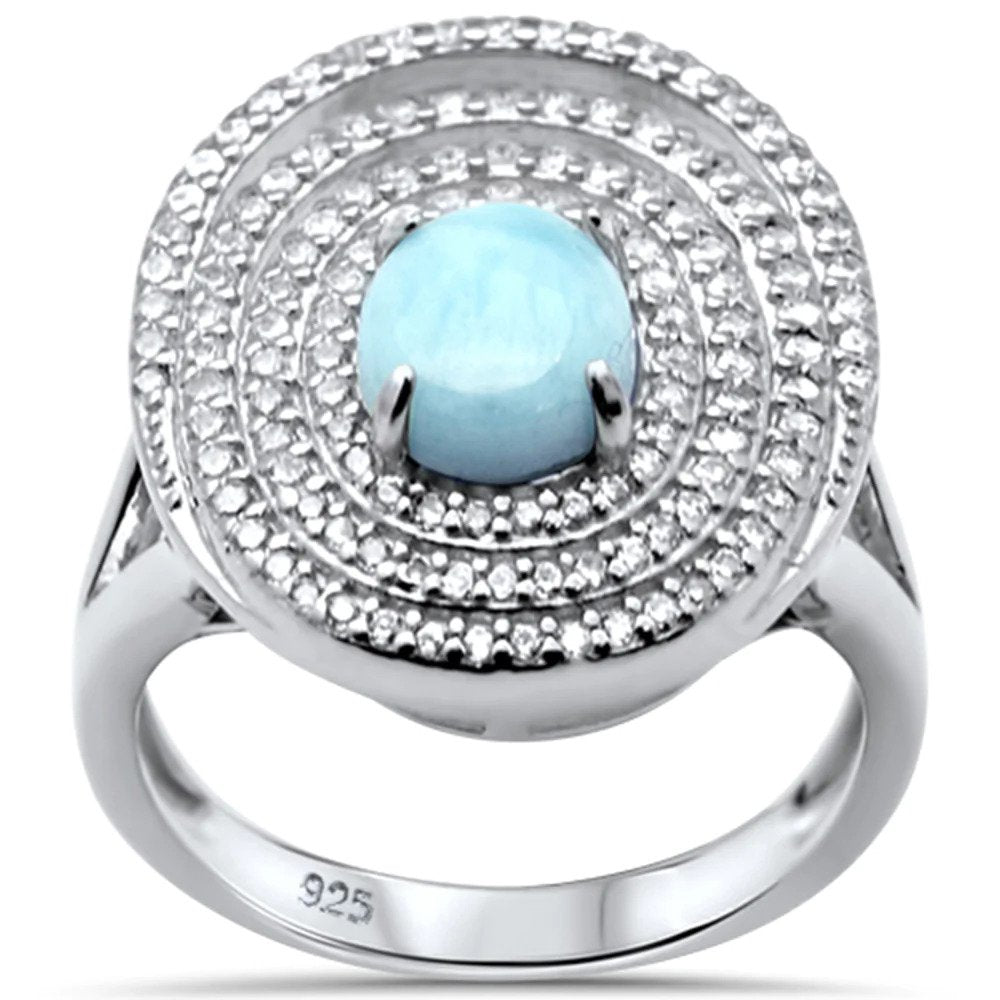 Sterling Silver Natural Oval Larimar And CZ Ring