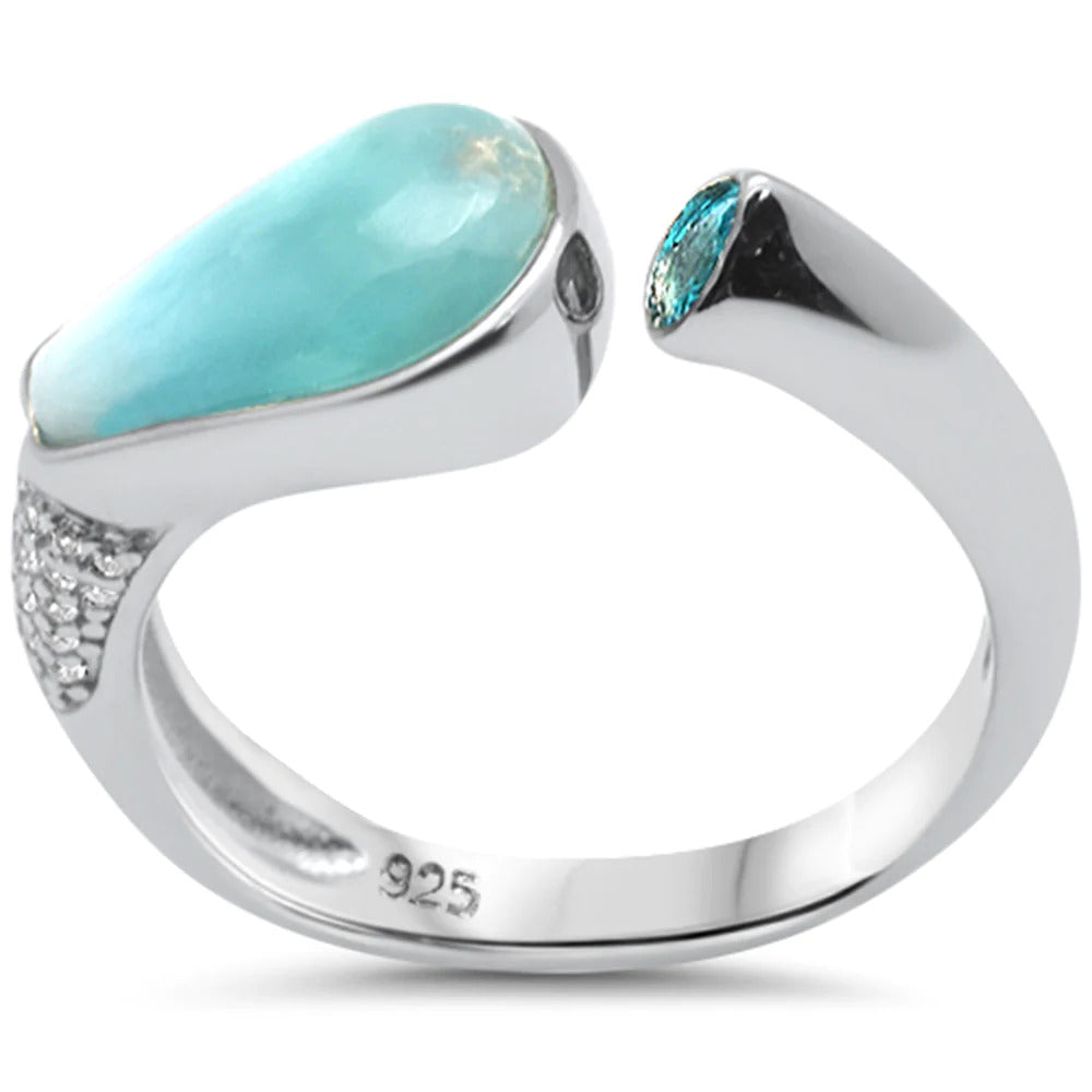 Sterling Silver Natural Larimar Blue Topaz And Cubic Zirconia Ring
