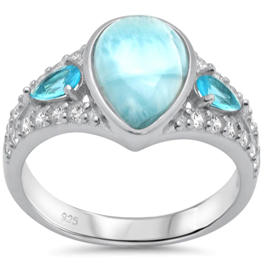 Sterling Silver Pear Shaped Larimar Cubic Zirconia And Blue Topaz Ring