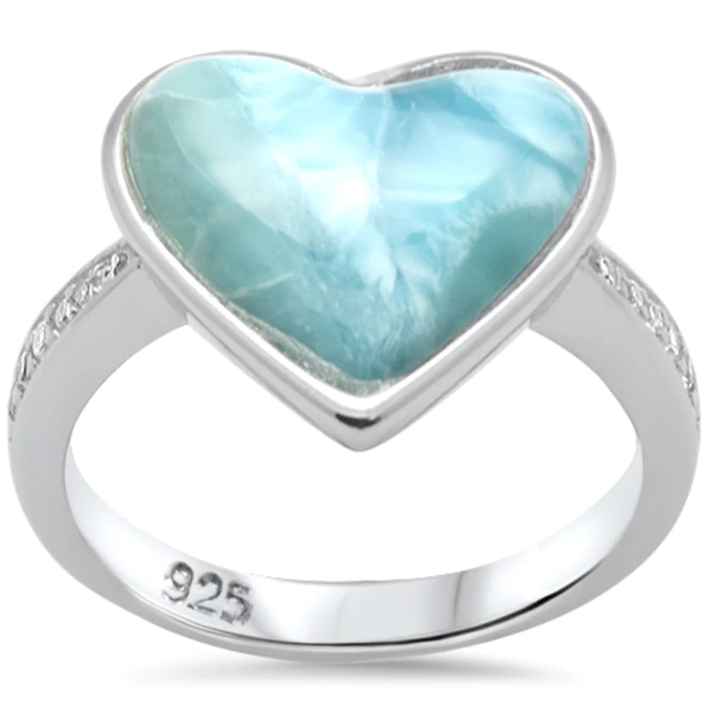 Sterling Silver Heart Shaped Natural Larimar And CZ Ring