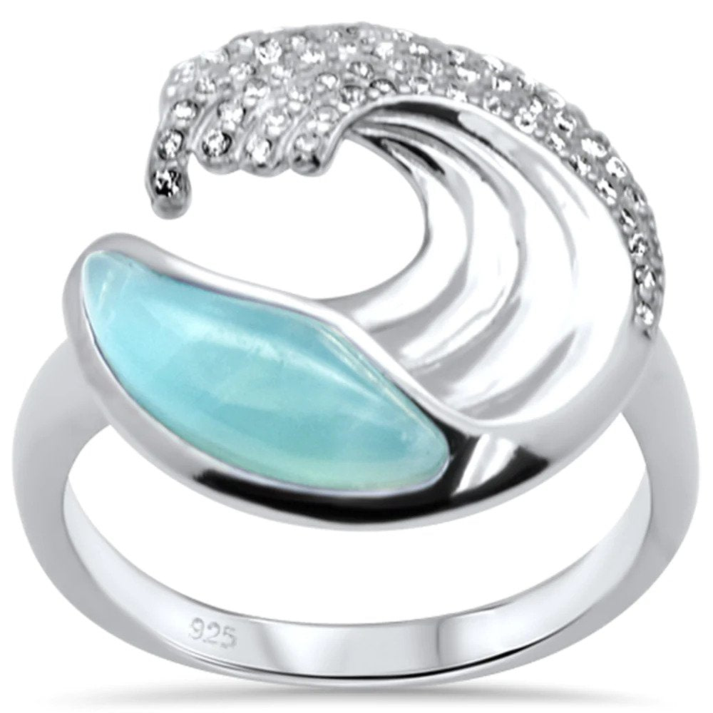 Sterling Silver Natural Larimar And Cubic Zirconia Wave Design Ring