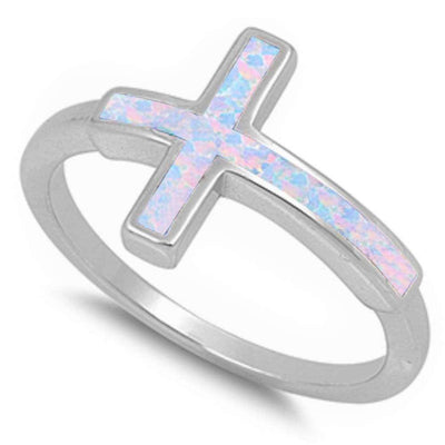 Sterling Silver White Opal Sideways Cross Ring with CZ stoneAnd Width  13mm
