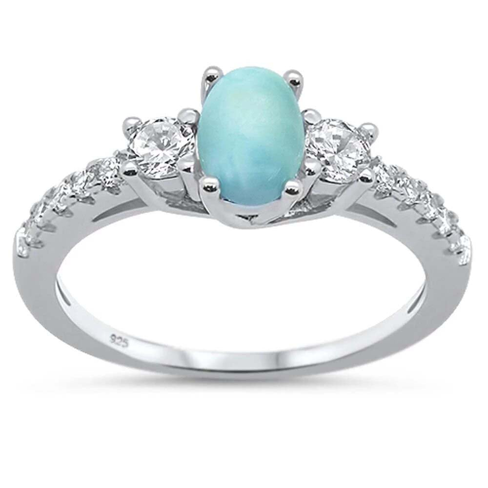 Sterling Silver Natural Round Oval Larimar And Cubic Zirconia Ring