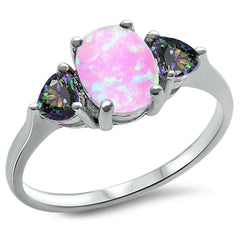 Sterling Silver Oval Pink Opal & Rainbow Cubic Zirconia Heart Ring with CZ stoneAndWidth 8mm