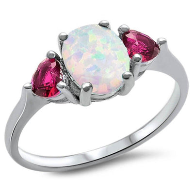 Sterling Silver Oval White Opal & Ruby Heart Ring with CZ stoneAndWidth 8mm