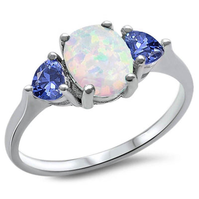 Sterling Silver Oval White Opal & Tanzanite Heart Ring with CZ stoneAndWidth 8mm