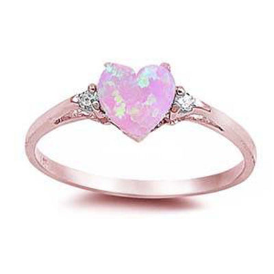 Sterling Silver Rose Gold Pink Opal Heart CZ Ring, Width 15mm