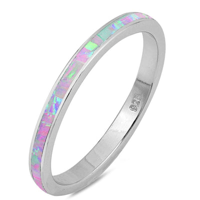 Sterling Silver Pink Opal Band Ring with CZ stoneAnd Width  3mm