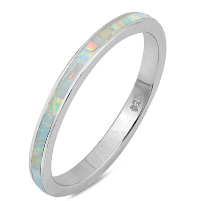 Sterling Silver White Opal Band Ring with CZ stone and Width 3mm