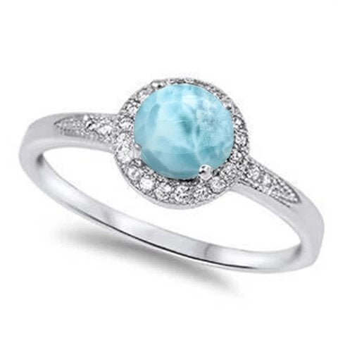 Sterling Silver Halo Natural Larimar And White Cubic Zirconia Ring