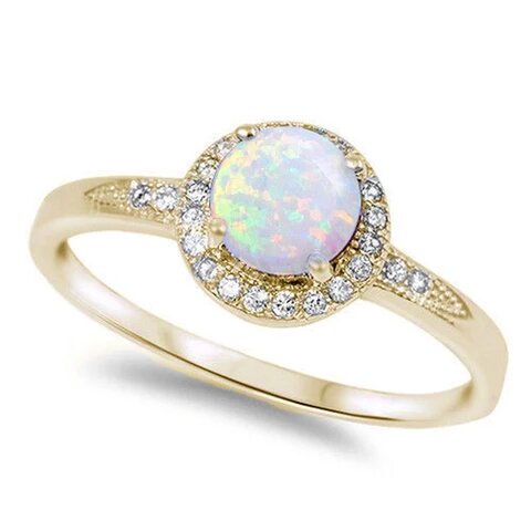 Sterling Silver Yellow Gold Plated White Opal and Cubic Zirconia Ring