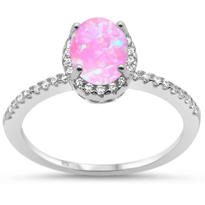 Sterling Silver Oval Pink Opal & Cubic Zirconia Ring with CZ stoneAndWidth 10 mm