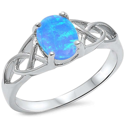 Sterling Silver Oval Blue Opal Celtic Design Ring with CZ stoneAndWidth 8mm