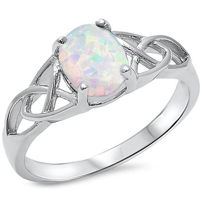 Sterling Silver Oval White Opal Celtic Design Band Ring with CZ stone and Width  8mm