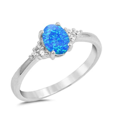 Sterling Silver Blue Opal Oval And Round Cubic Zirconia Ring