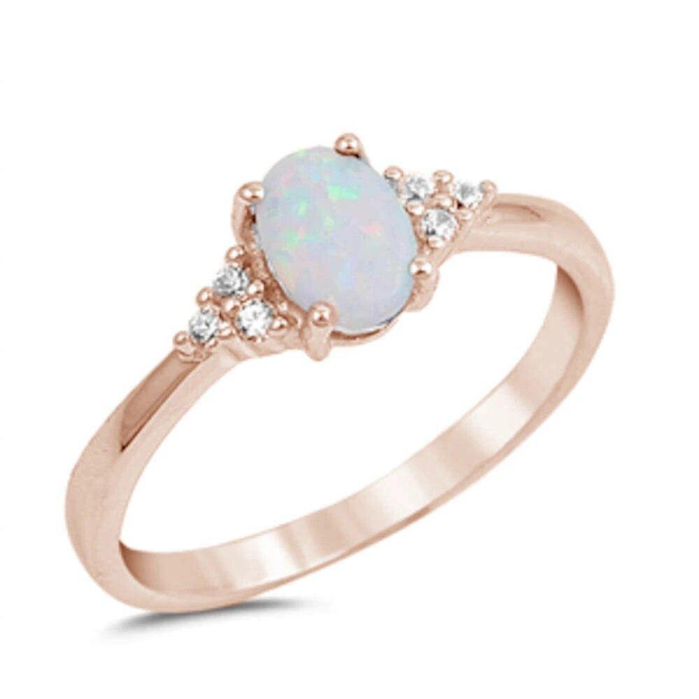 Sterling Silver Rose Gold Plated White Opal and Round Cz Ring - silverdepot