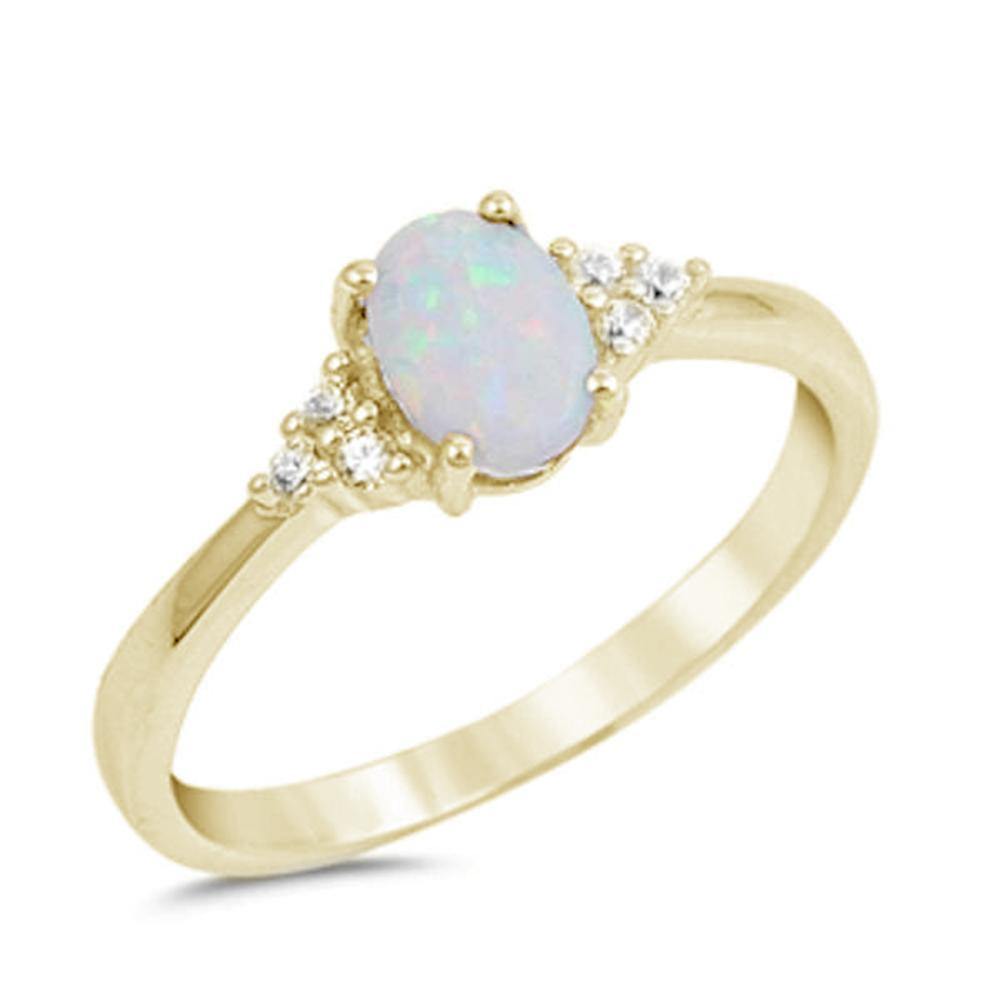 Sterling Silver Yellow Gold Plated Oval White Opal and Round Cz Ring - silverdepot