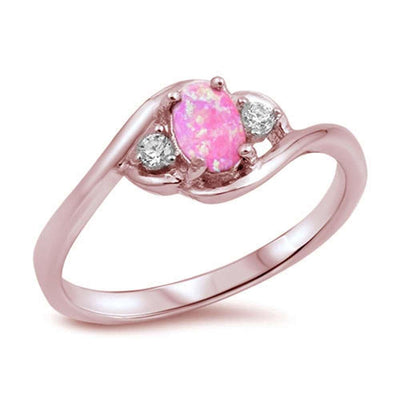 Sterling Silver Lab Created Pink Opal & Cubic Zirconia Ring with CZ stoneAndWidth 8mm