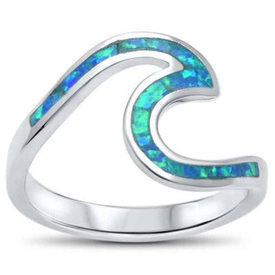 Sterling Silver Wave Ocean Beach Blue Opal Ring with CZ stone And Width 9mm
