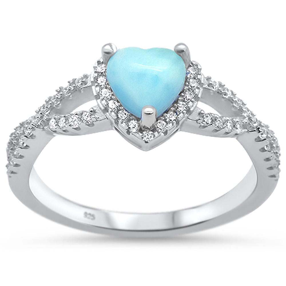 Sterling Silver Natural Heart Larimar And CZ Ring