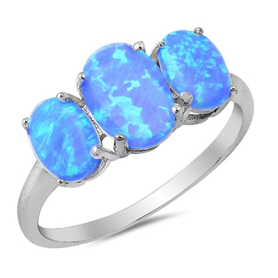 Sterling Silver Oval Three Stone Lab Created Blue Opal Ring with CZ stoneAndWidth 8mm