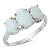 Load image into Gallery viewer, Sterling Silver Oval Three Stone Lab Created White Opal Ring with CZ stoneAndWidth 8mm