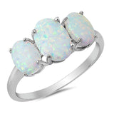 Sterling Silver Oval Three Stone Lab Created White Opal Ring with CZ stoneAndWidth 8mm
