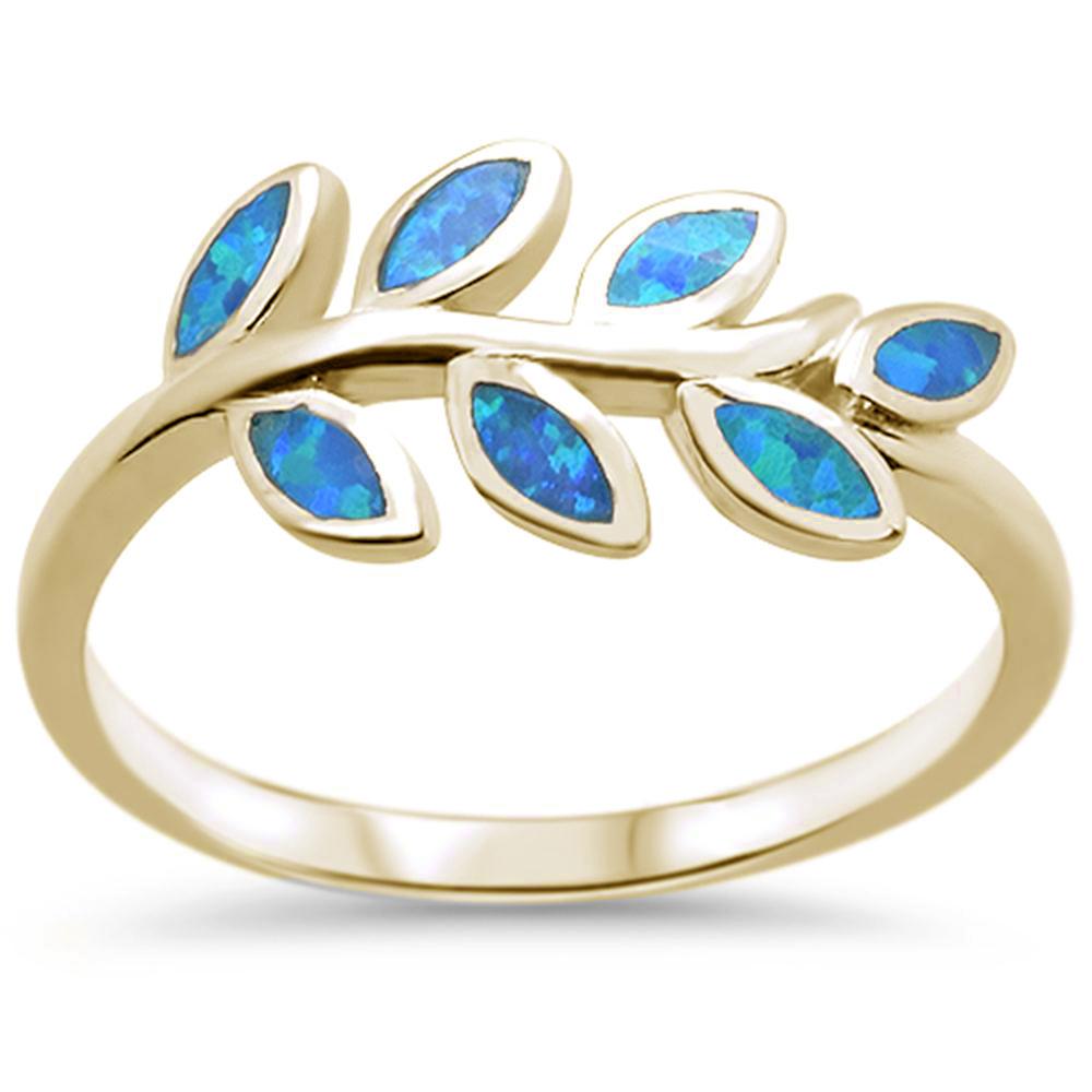 Sterling Silver Yellow Gold Plated Blue Opal Leaf Design Ring