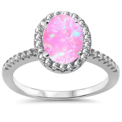 Sterling Silver Oval Pink Opal And Cubic Zirconia Halo Ring