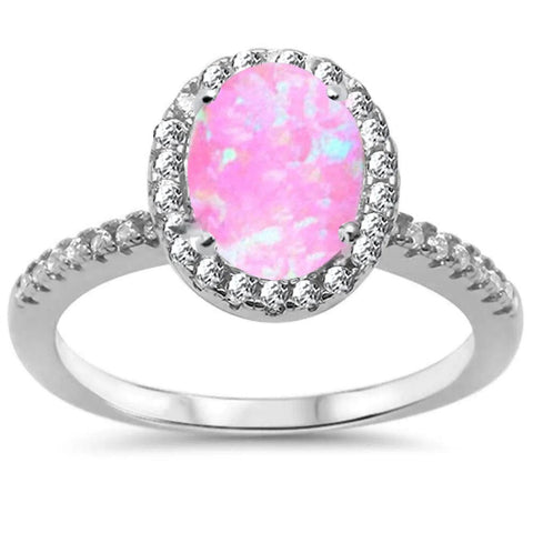 Sterling Silver Oval Pink Opal And Cubic Zirconia Halo Ring